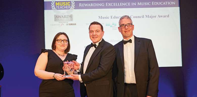  Ciaran O’Donnell, centre, with head of woodwind Charlotte Buxton and Lincoln Abbotts, MEC chair of judges
