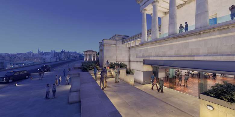 Digital image showing a new entrance and foyer with terraces outside