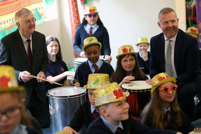 Mark Drakeford and Jeremy Miles at St Joseph's Cathedral Primary School in Swansea