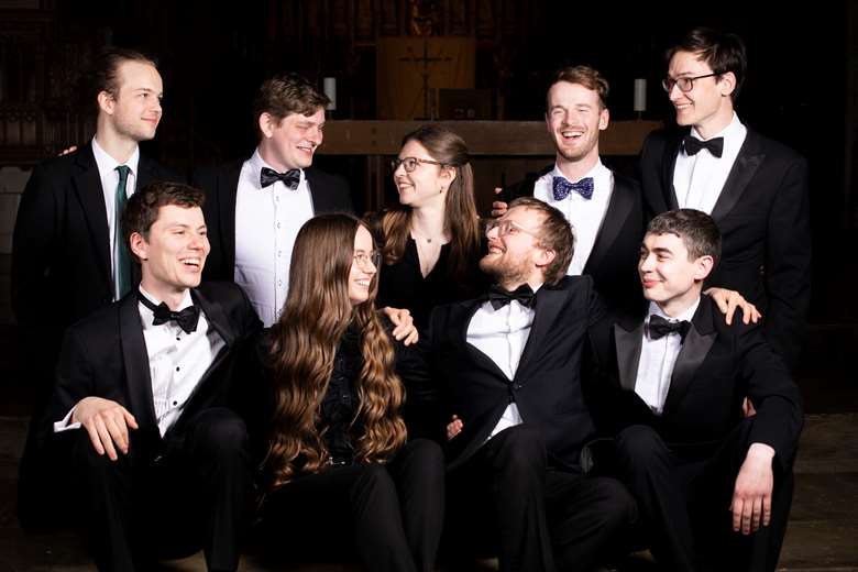 Nine of the ten past Northern Ireland International Organ Competition winners, pictured at Southwark Cathedral after their gala recital on 28 March 2022.