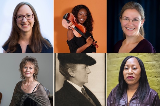 Clockwise from top left: Dr Kirsty Devaney, Mahaliah Edwards, Olivia Sparkhill, Jenetta Hurst, Ethel Smyth, Sally Beamish