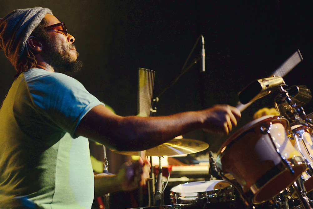 Left-handed drummer Robert ‘Sput’ Searight of Snarky Puppy