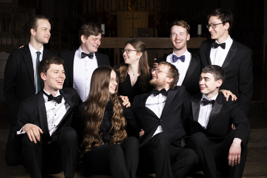 Nine of the ten past Northern Ireland International Organ Competition winners, pictured at Southwark Cathedral after their gala recital on 28 March 2022.