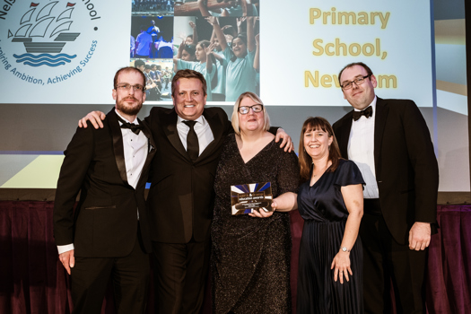 (left to right) Nathaniel Dye, Aled Jones (host), Fiona Cullen (headteacher), Jo Cull (deputy head), Don Gillthorpe (MTA president)